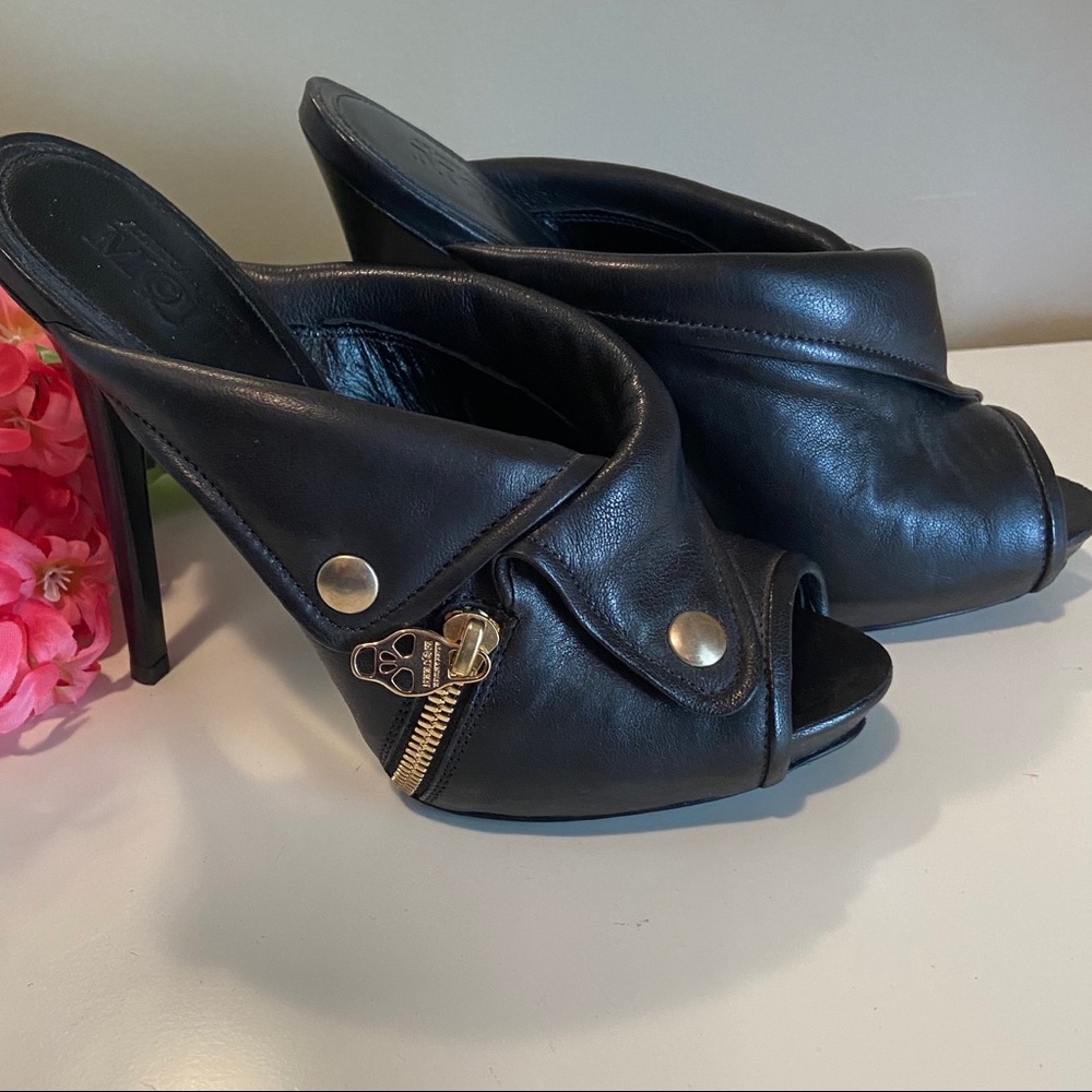Alexander McQueen Black Leather Peep-Toe Mule Heels with Gold Hardware